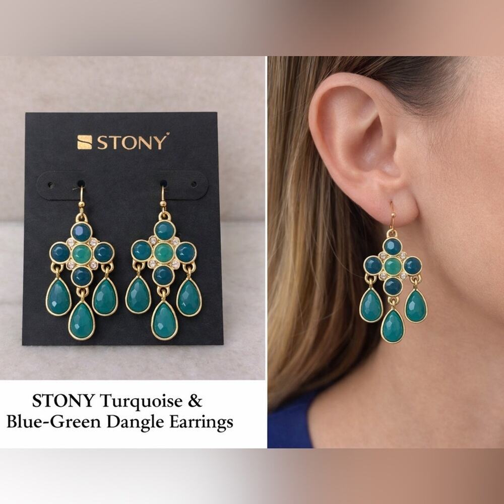 Stony Teal & Blue Green Dangle Earrings‎ Gold Tone Statement, NWT